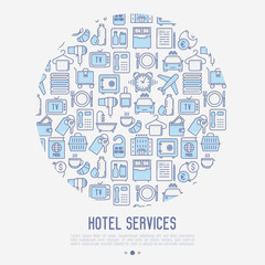 Hotel services concept in circle with thin line icons of facilities in room. Vector illustration for banner, web page, print media.