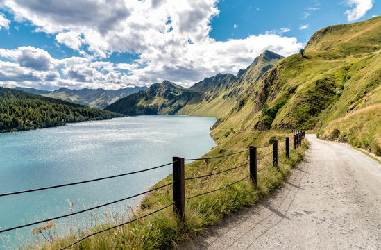 View of lake Ritom with the Alps in background, Piora, Canton Ticino of Switzerland. 