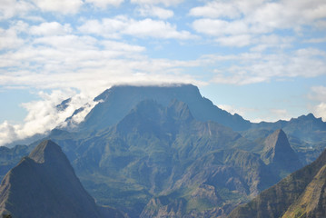 Old picture effect, aerial view on Piton des Neiges, Reunion Island, France