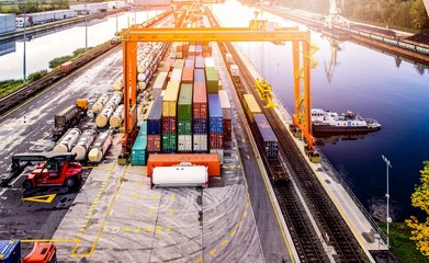 Aerial view on containers in cargo terminal