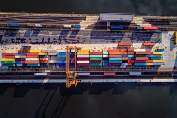 Aerial view on containers in cargo terminal