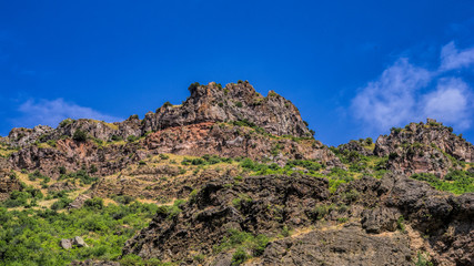 Fototapeta premium View of mountains landscape in Geghard, Armenia, selective focus