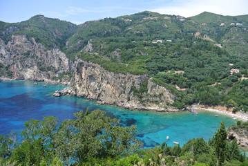 View of Paleokastritsa and turquoise water, Corfou island, Greece 