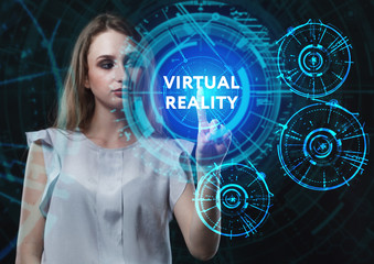 The concept of business, technology, the Internet and the network. A young entrepreneur working on a virtual screen of the future and sees the inscription: Virtual reality