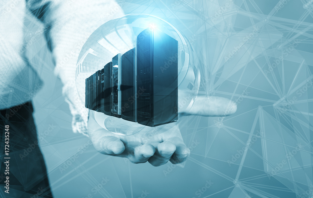 Poster businessman holding a hologram with supercomputers inside the concept of big data