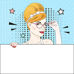 Comic Pop art blonde hair woman face holds her glasses an white banner. Vector illustration.
