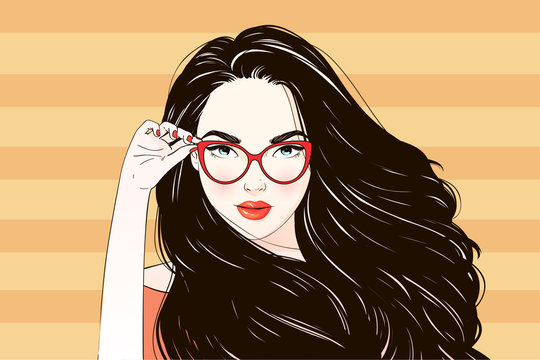 Pop Art Vintage advertising poster comic girl holds her glasses and look at you vector illustration