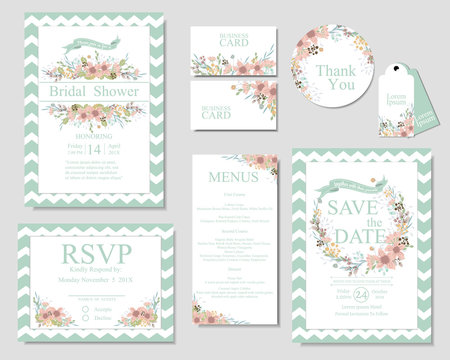 Set of wedding invitation card .Mint and pink color. spring concept.