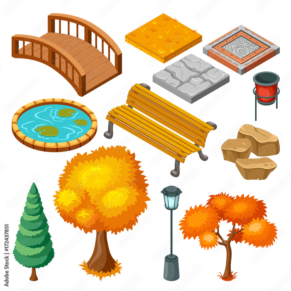 Wall mural isometric autumn park landscape icons collection