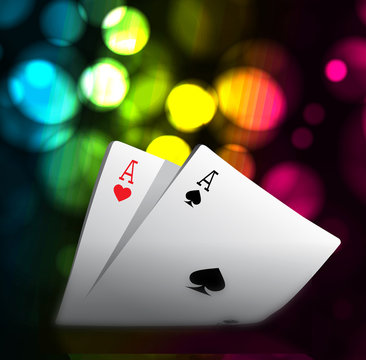 A combination of playing cards for casino. Two aces on bokeh background