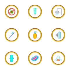 Morning cleaning icons set, cartoon style