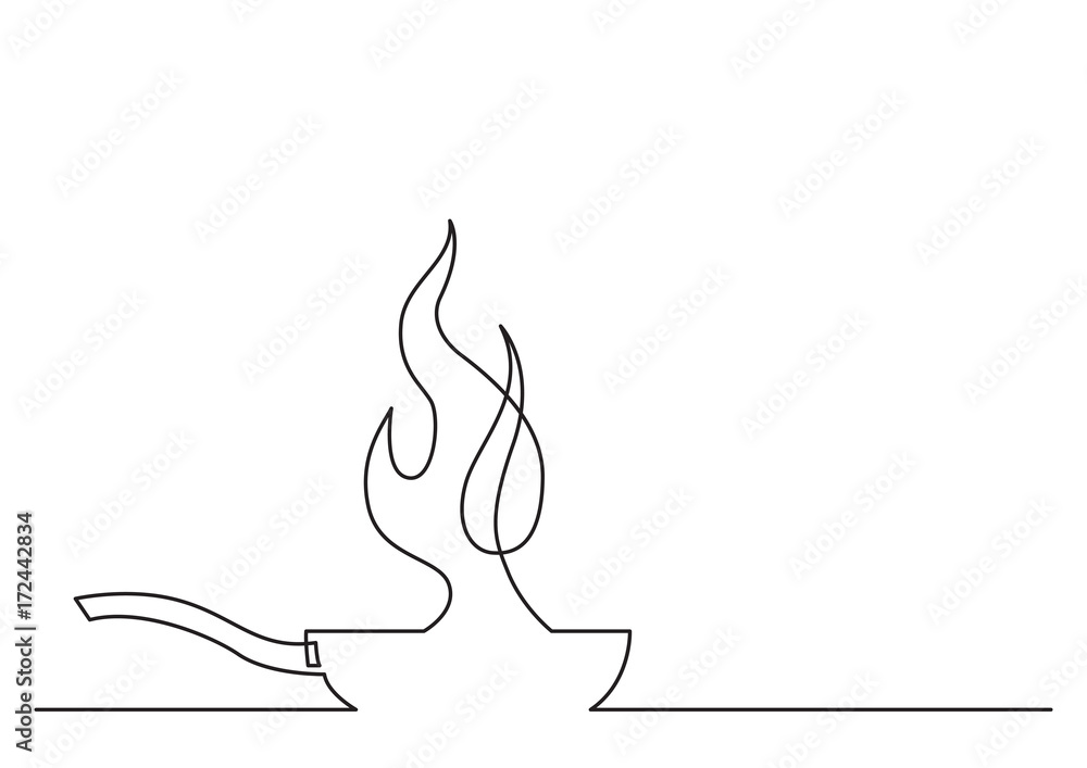 Poster one line drawing of isolated vector object - frying pan with fire
