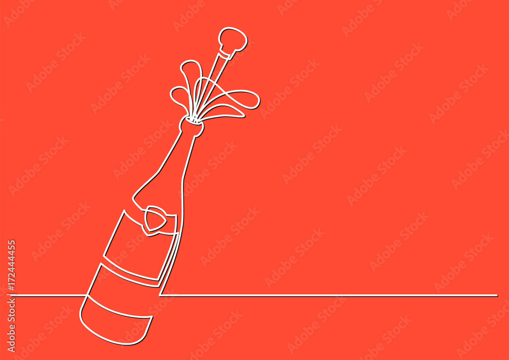 Poster one line drawing of isolated vector object - champagne bottle with shooting cork