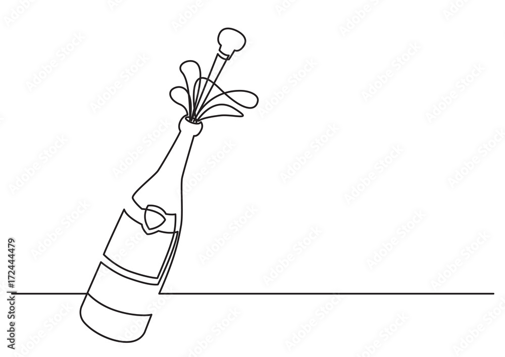 Sticker one line drawing of isolated vector object - champagne bottle with shooting cork