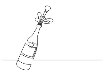 one line drawing of isolated vector object - champagne bottle with shooting cork - obrazy, fototapety, plakaty