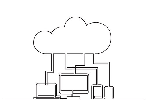 one line drawing of isolated vector object - digital devices connected via cloud