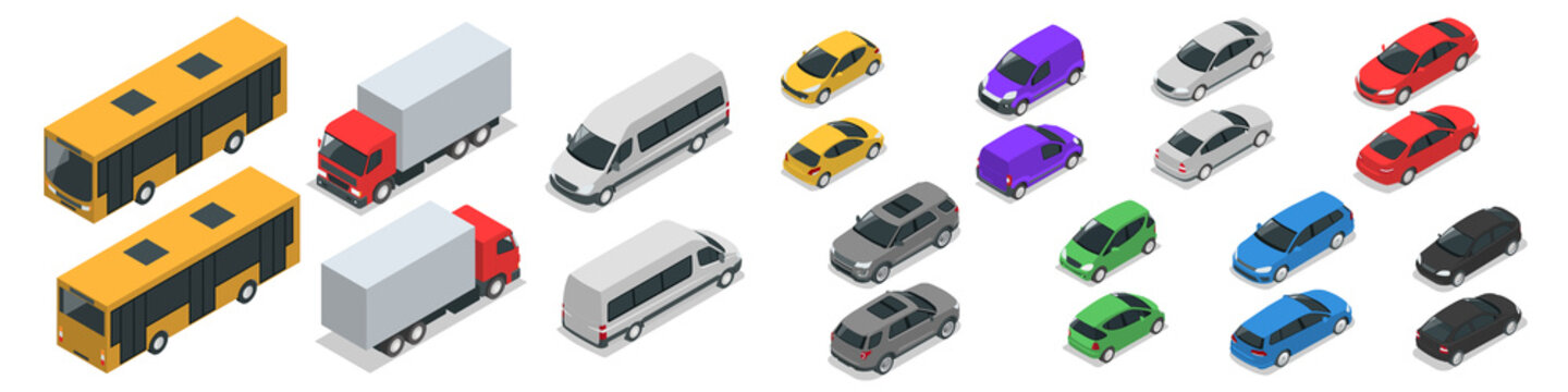 Flat isometric high quality city transport car icon set. Car, van, cargo truck, off-road, bike, mini, sport car. Transport set. Set of urban public and freight transport for infographics