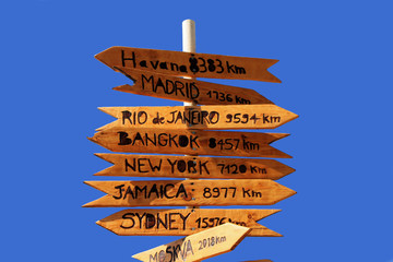 Funny direction signpost with distance to many different cities in the world