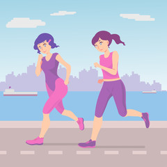 Girls are running on the coast. Girls have fun to do sports, they maintain their physical form in excellent condition.
