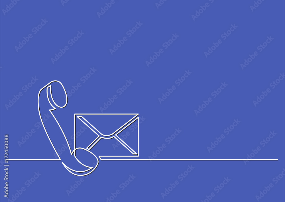 Poster one line drawing of isolated vector object - phone receiver and mail envelope