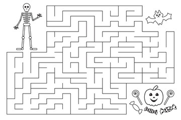 Halloween funny maze for preschool and school kids. Skeleton and bat are looking for candies. Coloring page. Vector illustration.