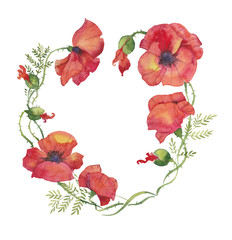 red poppies illustration of watercolor, packing paper,  wreath, frame