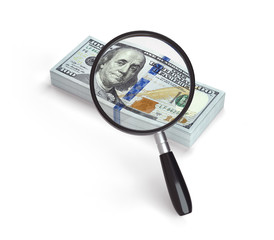 Hundred dollar bill banknote and magnifying glass isolated on.