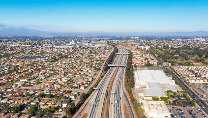 Aerial view of traffic on a highway in Los Angeles, CA