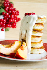 Pancakes with smoked, berries and fruits. Selective focus. Vertical.