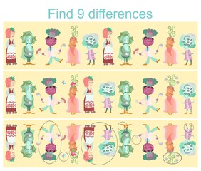 Find differences. Visual game for children and adults with cheerful unusual characters..Cute cartoon vegetables and berry - carrot, cucumber, beet, cabbage and strawberry.