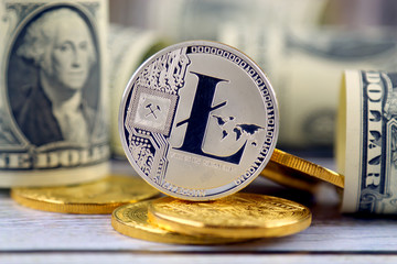 Physical version of Litecoin (new virtual money) and banknotes of one dollar. Exchange Litecoin for...