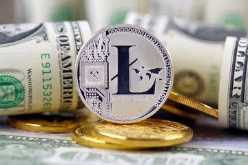 Physical version of Litecoin (new virtual money) and banknotes of one dollar. Exchange Litecoin for...