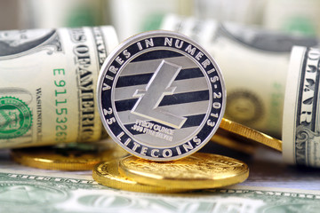 Physical version of Litecoin (new virtual money) and banknotes of one dollar. Exchange Litecoin for...