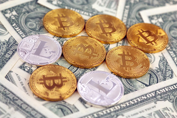 Physical version of Bitcoin and Litecoin (new virtual money) and banknotes of one dollar. Exchange...