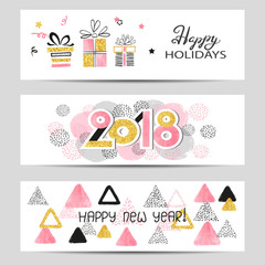 Happy New Year 2018 greeting banners set in pink, golden and black colors. Vector illustration.