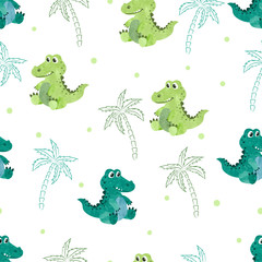 Seamless pattern with cute watercolor crocodiles and palms. Vector background for kids.