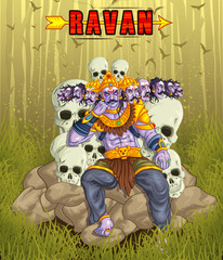 illustration of Lord Rama with bow arrow killing Ravan in Dussehra Navratri festival of India poster