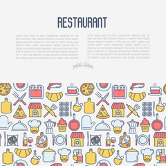 Restaurant concept with thin line icons: chef, kitchenware, food, beverages for menu or print media. Vector illustration for banner, web page with place for text.