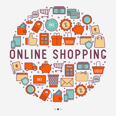 E-commerce, shopping concept in circle with thin line icons: shopping cart, payment method, delivery, sale. Vector illustration for background of banner, web page, print media.