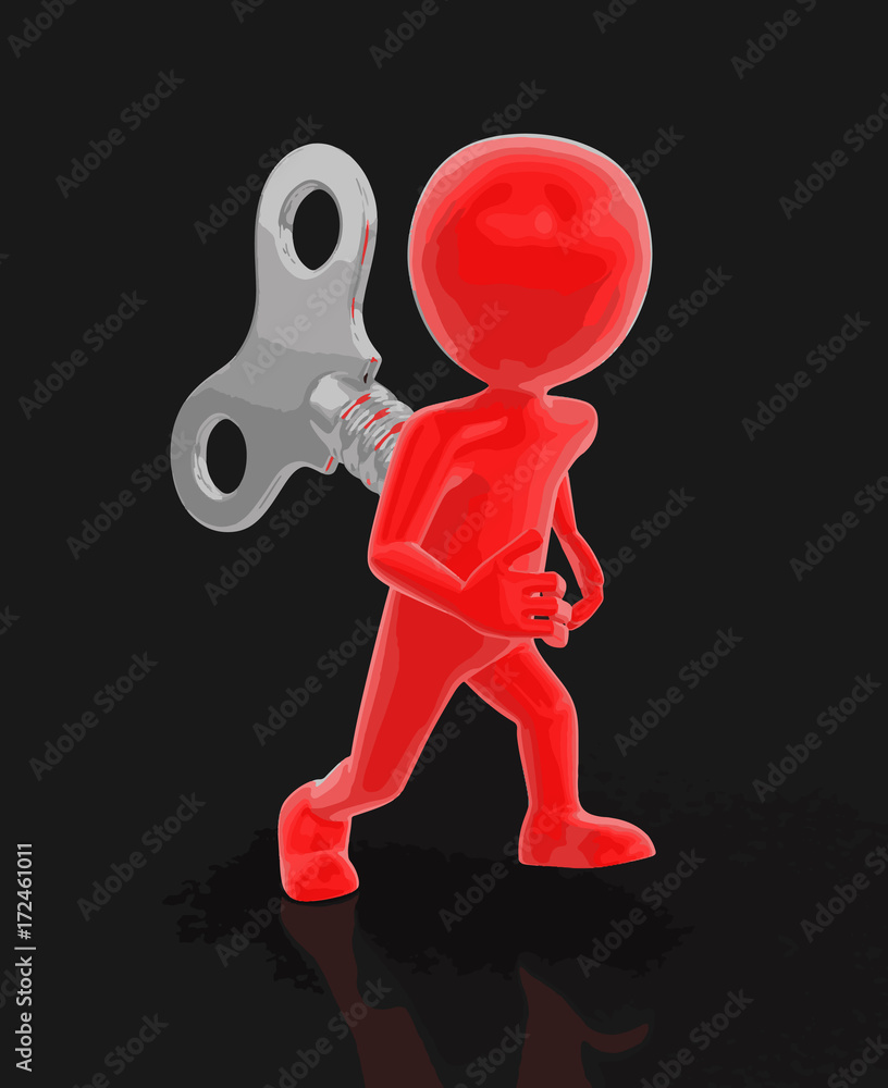 Poster man and winding key. image with clipping path