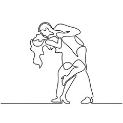 Continuous line drawing. Happy loving couple dancing. Vector illustration