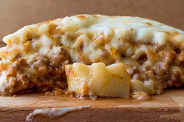 Lasagna with minced meat, Bolognese sauce and melted cheese.