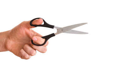 Man's hand using a scissors isolated on the white background.