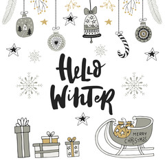 Hello winter - hand drawn Christmas card with lettering and decorations. Cute New Year clip art. Vector illustration