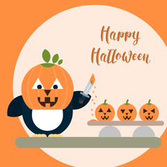 Flat penguin character with carved pumpkin on the head with knife and three pumpkins on the table.