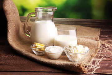milk products. tasty healthy dairy products on a table