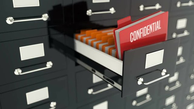 Confidential red folder in archive drawer, secret information, military records
