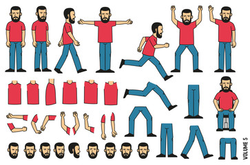 Bearded man constructor. Set of several poses and separate body parts in different positions. Faces with emotions.