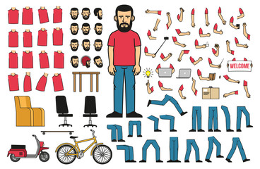A set of body parts and objects to create a bearded man in a T-shirt and jeans in various poses. Vector illustration.