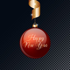 Happy New Year red ball with gold ribbon. Vector illustration.